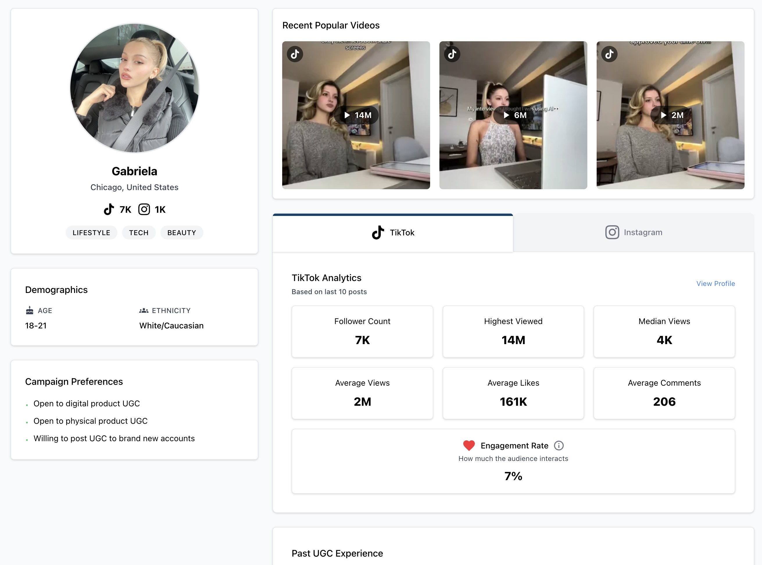 Complete creator profile with analytics, content samples, and pricing